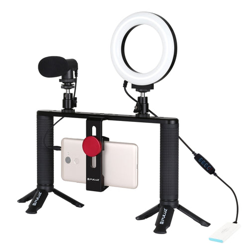 PULUZ 4 in 1 Vlogging ถ่ายทอดสด 4.7 นิ้ว 12 ซม. แหวน LED เซลฟีแสงสมาร์ทโฟนวิดีโอ Rig จับโคลงอลูมิเนียมยึดชุดพร้อมไมโครโฟน เมาขาตั้งกล้อง รองเท้าเย็นหัวขาตั้งกล้อง, Ring LED Aluminum Bracket Kits