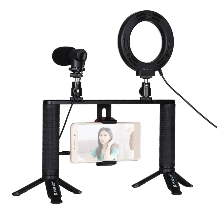 PULUZ 4 in 1 Vlogging ถ่ายทอดสด 4.7 นิ้ว 12 ซม. แหวน LED เซลฟีแสงสมาร์ทโฟนวิดีโอ Rig จับโคลงอลูมิเนียมยึดชุดพร้อมไมโครโฟน เมาขาตั้งกล้อง รองเท้าเย็นหัวขาตั้งกล้อง, Ring LED Aluminum Bracket Kits