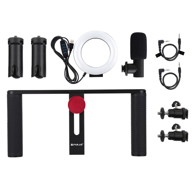 PULUZ 4 in 1 Vlogging ถ่ายทอดสด 4.7 นิ้ว 12 ซม. แหวน LED เซลฟีแสงสมาร์ทโฟนวิดีโอ Rig จับโคลงอลูมิเนียมยึดชุดพร้อมไมโครโฟน เมาขาตั้งกล้อง รองเท้าเย็นหัวขาตั้งกล้อง, Ring LED Aluminum Bracket Kits