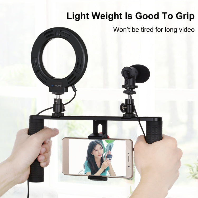 PULUZ 4 in 1 Vlogging ถ่ายทอดสด 4.7 นิ้ว 12 ซม. แหวน LED เซลฟีแสงสมาร์ทโฟนวิดีโอ Rig จับโคลงอลูมิเนียมยึดชุดพร้อมไมโครโฟน เมาขาตั้งกล้อง รองเท้าเย็นหัวขาตั้งกล้อง, Ring LED Aluminum Bracket Kits