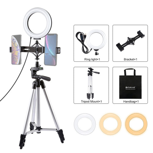 PULUZ เมาขาตั้งกล้อง ถ่ายทอดสดวงเล็บโทรศัพท์คู่ 6.2 นิ้ว 16 ซม. LED แหวนวิดีโอบล็อกชุดไฟวิดีโอ, 3 in 1