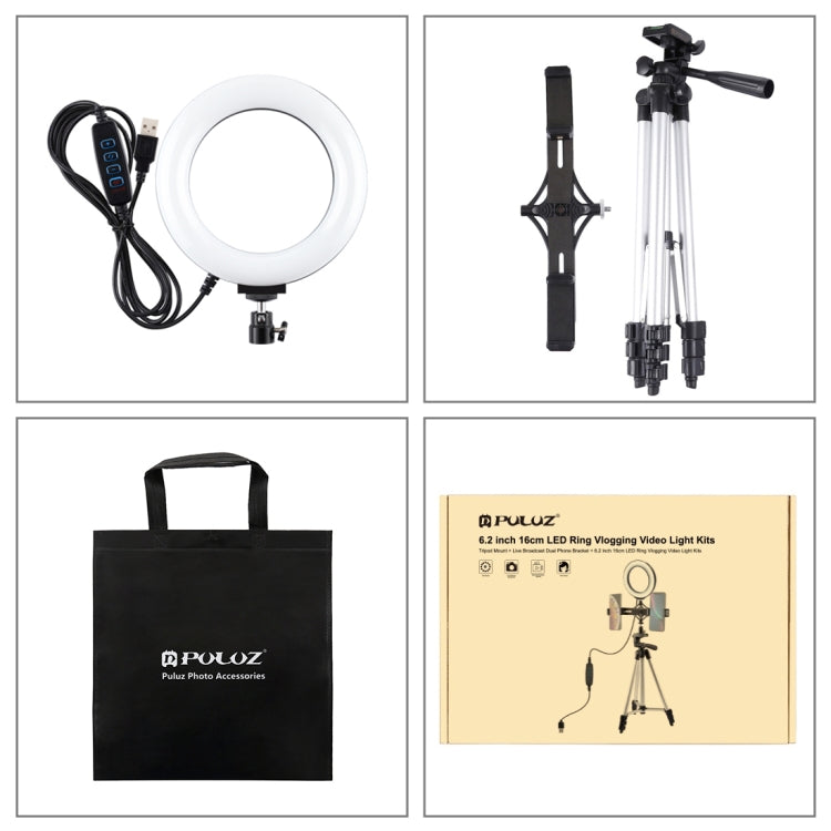PULUZ เมาขาตั้งกล้อง ถ่ายทอดสดวงเล็บโทรศัพท์คู่ 6.2 นิ้ว 16 ซม. LED แหวนวิดีโอบล็อกชุดไฟวิดีโอ, 3 in 1