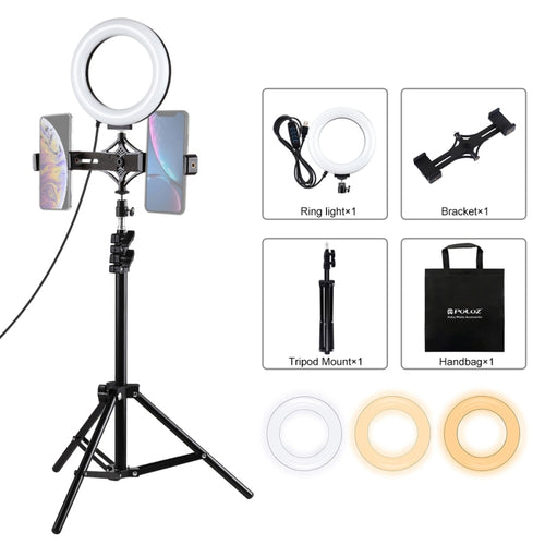 PULUZ 1.1m เมาขาตั้งกล้อง ถ่ายทอดสดวงเล็บโทรศัพท์คู่ 6.2 นิ้ว 16 ซม. LED แหวนวิดีโอบล็อกชุดไฟวิดีโอ, 3 in 1 Live Broadcast Kits
