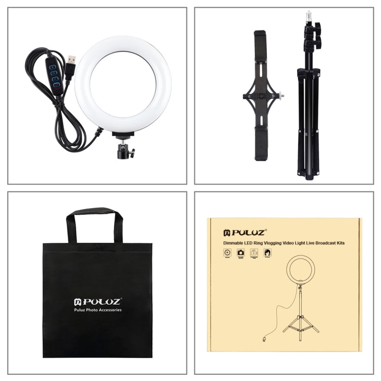PULUZ 1.1m เมาขาตั้งกล้อง ถ่ายทอดสดวงเล็บโทรศัพท์คู่ 6.2 นิ้ว 16 ซม. LED แหวนวิดีโอบล็อกชุดไฟวิดีโอ, 3 in 1 Live Broadcast Kits