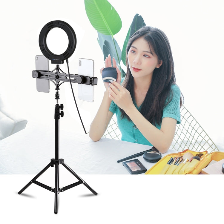 PULUZ 1.1m เมาขาตั้งกล้อง ถ่ายทอดสดวงเล็บโทรศัพท์คู่ 6.2 นิ้ว 16 ซม. LED แหวนวิดีโอบล็อกชุดไฟวิดีโอ, 3 in 1 Live Broadcast Kits