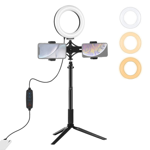 PULUZ เมาขาตั้งกล้อง + ก้านขยาย + ถ่ายทอดสดวงเล็บโทรศัพท์คู่ + 6.2 นิ้ว 16 ซม. LED แหวนวิดีโอบล็อกชุดไฟวิดีโอ, 4 in 1 Live Broadcast Kits