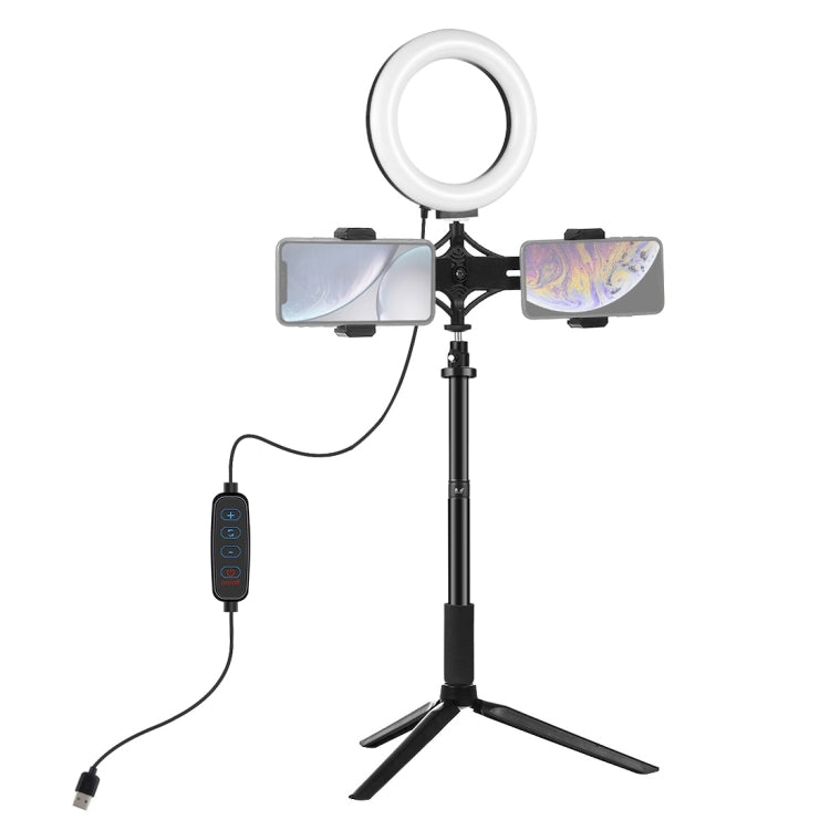 PULUZ เมาขาตั้งกล้อง + ก้านขยาย + ถ่ายทอดสดวงเล็บโทรศัพท์คู่ + 6.2 นิ้ว 16 ซม. LED แหวนวิดีโอบล็อกชุดไฟวิดีโอ, 4 in 1 Live Broadcast Kits