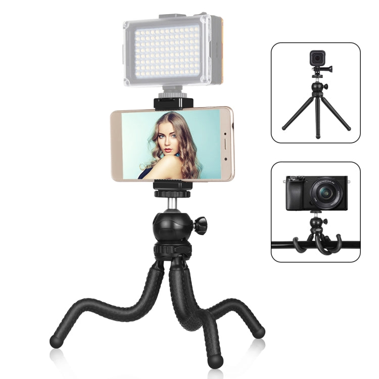 PULUZ Mini Octopus ที่วางขาตั้งกล้องแบบยืดหยุ่นพร้อมหัวบอลและที่หนีบโทรศัพท์ + อะแดปเตอร์เมาท์ขาตั้งกล้องและสกรูยาวสำหรับกล้อง SLR, GoPro, โทรศัพท์มือถือ, ขนาด: 25 ซม. x 4.5 ซม., 25cm Tripod + Phone Clamp