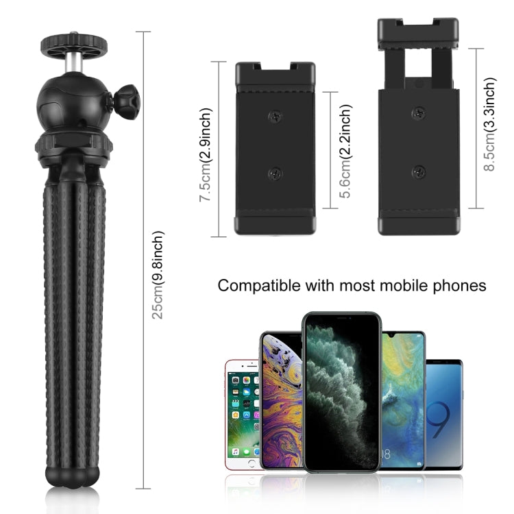 PULUZ Mini Octopus ที่วางขาตั้งกล้องแบบยืดหยุ่นพร้อมหัวบอลและที่หนีบโทรศัพท์ + อะแดปเตอร์เมาท์ขาตั้งกล้องและสกรูยาวสำหรับกล้อง SLR, GoPro, โทรศัพท์มือถือ, ขนาด: 25 ซม. x 4.5 ซม., 25cm Tripod + Phone Clamp