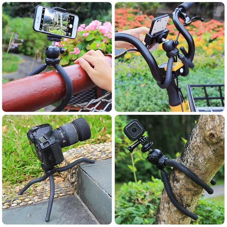 PULUZ Mini Octopus ที่วางขาตั้งกล้องแบบยืดหยุ่นพร้อมหัวบอลและที่หนีบโทรศัพท์ + อะแดปเตอร์เมาท์ขาตั้งกล้องและสกรูยาวสำหรับกล้อง SLR, GoPro, โทรศัพท์มือถือ, ขนาด: 25 ซม. x 4.5 ซม., 25cm Tripod + Phone Clamp