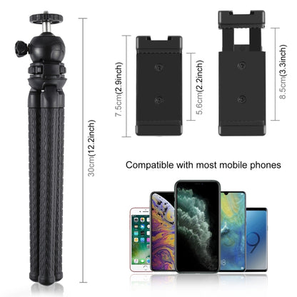 PULUZ Mini Octopus ที่ยึดขาตั้งกล้องแบบยืดหยุ่นพร้อมหัวบอลและที่หนีบโทรศัพท์ + อะแดปเตอร์เมาท์ขาตั้งกล้องและสกรูยาวสำหรับกล้อง SLR, GoPro, โทรศัพท์มือถือ, ขนาด: 30 ซม. x 5 ซม., 30cm Tripod + Phone Clamp