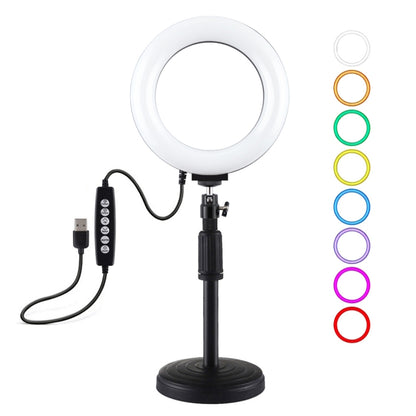 PULUZ 6.2 นิ้ว 16 ซม. USB 10 โหมด 8 สี RGBW หรี่แสงได้ LED แหวนวิดีโอบล็อกการถ่ายภาพไฟวิดีโอ + ฐานกลมสก์ท็อปเมากับรองเท้าเย็นขาตั้งกล้องหัวบอล, 6.2 inch RGBW+Desktop Mount
