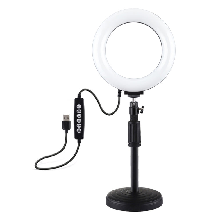 PULUZ 6.2 นิ้ว 16 ซม. USB 10 โหมด 8 สี RGBW หรี่แสงได้ LED แหวนวิดีโอบล็อกการถ่ายภาพไฟวิดีโอ + ฐานกลมสก์ท็อปเมากับรองเท้าเย็นขาตั้งกล้องหัวบอล, 6.2 inch RGBW+Desktop Mount