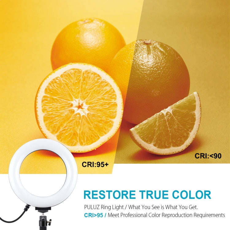 PULUZ 6.2 นิ้ว 16 ซม. USB 10 โหมด 8 สี RGBW หรี่แสงได้ LED แหวนวิดีโอบล็อกการถ่ายภาพไฟวิดีโอ + ฐานกลมสก์ท็อปเมากับรองเท้าเย็นขาตั้งกล้องหัวบอล, 6.2 inch RGBW+Desktop Mount