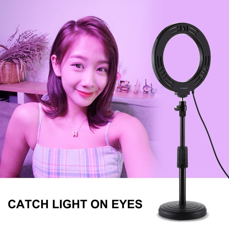 PULUZ 6.2 นิ้ว 16 ซม. USB 10 โหมด 8 สี RGBW หรี่แสงได้ LED แหวนวิดีโอบล็อกการถ่ายภาพไฟวิดีโอ + ฐานกลมสก์ท็อปเมากับรองเท้าเย็นขาตั้งกล้องหัวบอล, 6.2 inch RGBW+Desktop Mount