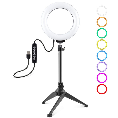 PULUZ 6.2 นิ้ว 16 ซม. USB 10 โหมด 8 สี RGBW หรี่แสงได้ LED แหวนวิดีโอบล็อกการถ่ายภาพไฟวิดีโอ + สก์ท็อปเมาขาตั้งกล้องที่มีรองเท้าเย็นขาตั้งกล้องหัวบอล, 6.2 inch RGBW+Tripod Mount
