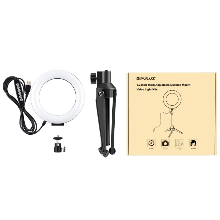PULUZ 6.2 นิ้ว 16 ซม. USB 10 โหมด 8 สี RGBW หรี่แสงได้ LED แหวนวิดีโอบล็อกการถ่ายภาพไฟวิดีโอ + สก์ท็อปเมาขาตั้งกล้องที่มีรองเท้าเย็นขาตั้งกล้องหัวบอล, 6.2 inch RGBW+Tripod Mount