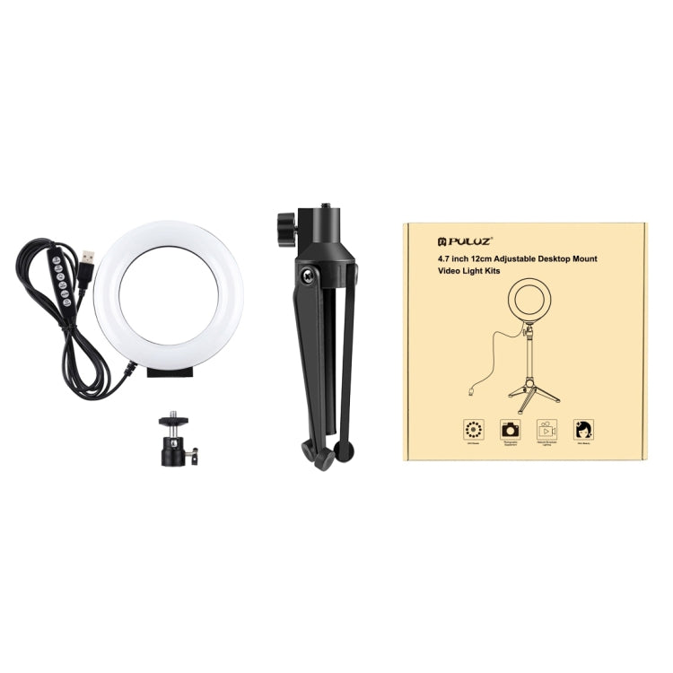 PULUZ 4.7 นิ้ว 12 ซม. USB 10 โหมด 8 สี RGBW หรี่แสงได้ LED แหวนวิดีโอบล็อกการถ่ายภาพไฟวิดีโอ + สก์ท็อปเมาขาตั้งกล้องที่มีรองเท้าเย็นขาตั้งกล้องหัวบอล, 4.7 inch RGBW+Tripod Mount