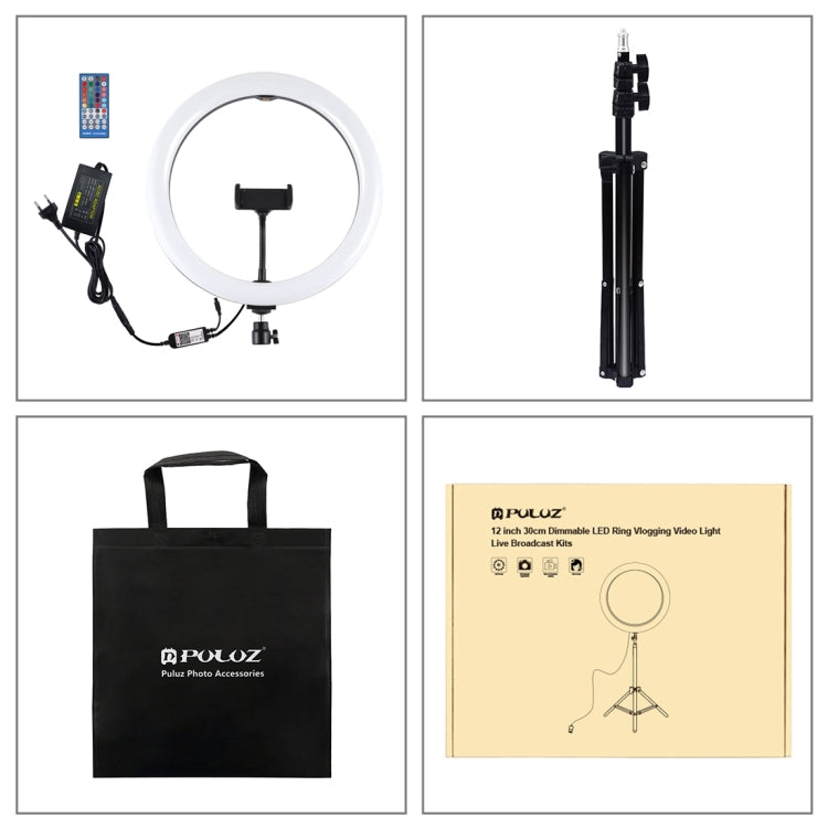 PULUZ 11.8 นิ้ว 30 ซม. ไฟ RGB 1.1 ม. ขาตั้งกล้องหรี่แสงได้ LED แหวนวิดีโอบล็อกเซลฟีการถ่ายภาพไฟวิดีโอถ่ายทอดสดชุดพร้อมรองเท้าเย็นหัวบอลขาตั้งกล้องและที่หนีบโทรศัพท์, 12 inch RGB+Tripod(EU)