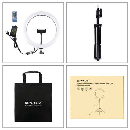 PULUZ 11.8 นิ้ว 30 ซม. ไฟ RGB 1.1 ม. ขาตั้งกล้องหรี่แสงได้ LED แหวนวิดีโอบล็อกเซลฟีการถ่ายภาพไฟวิดีโอถ่ายทอดสดชุดพร้อมรองเท้าเย็นหัวบอลขาตั้งกล้องและที่หนีบโทรศัพท์, 12 inch RGB+Tripod(EU)