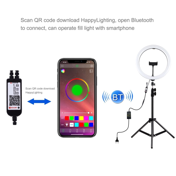 PULUZ 11.8 นิ้ว 30 ซม. ไฟ RGB 1.1 ม. ขาตั้งกล้องหรี่แสงได้ LED แหวนวิดีโอบล็อกเซลฟีการถ่ายภาพไฟวิดีโอถ่ายทอดสดชุดพร้อมรองเท้าเย็นหัวบอลขาตั้งกล้องและที่หนีบโทรศัพท์, 12 inch RGB+Tripod(EU)