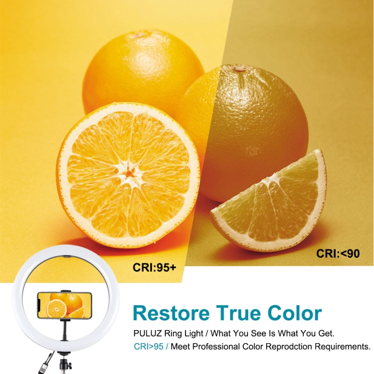 PULUZ 11.8 นิ้ว 30 ซม. ไฟ RGB 1.1 ม. ขาตั้งกล้องหรี่แสงได้ LED แหวนวิดีโอบล็อกเซลฟีการถ่ายภาพไฟวิดีโอถ่ายทอดสดชุดพร้อมรองเท้าเย็นหัวบอลขาตั้งกล้องและที่หนีบโทรศัพท์, 12 inch RGB+Tripod(EU)