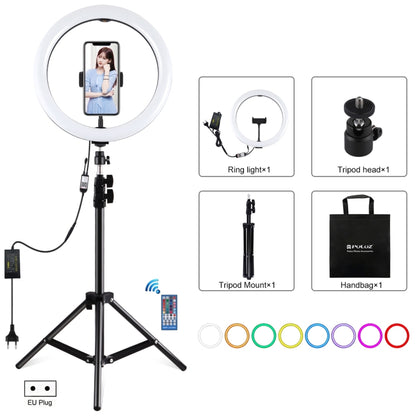 PULUZ 11.8 นิ้ว 30 ซม. ไฟ RGB 1.1 ม. ขาตั้งกล้องหรี่แสงได้ LED แหวนวิดีโอบล็อกเซลฟีการถ่ายภาพไฟวิดีโอถ่ายทอดสดชุดพร้อมรองเท้าเย็นหัวบอลขาตั้งกล้องและที่หนีบโทรศัพท์, 12 inch RGB+Tripod(EU)