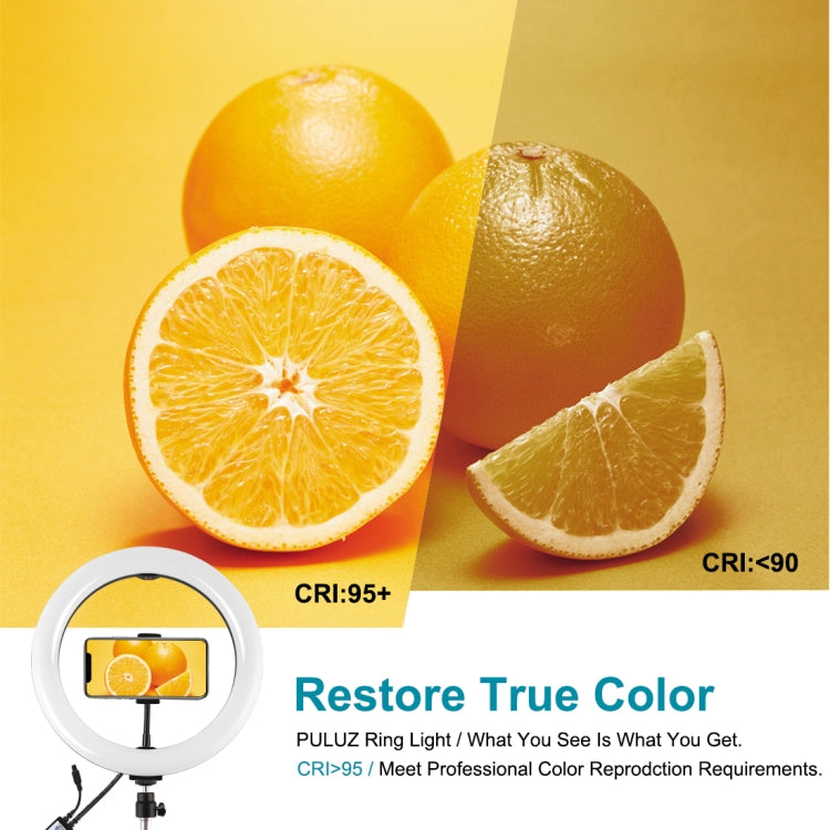 PULUZ 10.2 นิ้ว 26 ซม. RGBW แสง + 1.65m เมาขาตั้งกล้องพื้นผิวโค้ง USB RGBW หรี่แสงได้ LED แหวนวิดีโอบล็อกไฟวิดีโอชุดถ่ายทอดสดพร้อมรองเท้าเย็นขาตั้งกล้องหัวบอลและหนีบโทรศัพท์และการควบคุมระยะไกล, 10.2 inch RGBW+1.65m Tripod