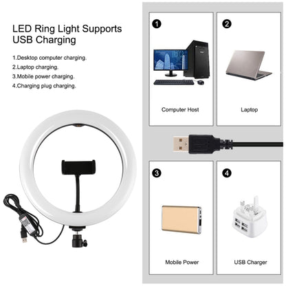 PULUZ 10.2 นิ้ว 26 ซม. RGBW แสง + 1.65m เมาขาตั้งกล้องพื้นผิวโค้ง USB RGBW หรี่แสงได้ LED แหวนวิดีโอบล็อกไฟวิดีโอชุดถ่ายทอดสดพร้อมรองเท้าเย็นขาตั้งกล้องหัวบอลและหนีบโทรศัพท์และการควบคุมระยะไกล, 10.2 inch RGBW+1.65m Tripod
