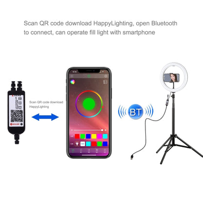 PULUZ 10.2 นิ้ว 26 ซม. RGBW แสง + 1.65m เมาขาตั้งกล้องพื้นผิวโค้ง USB RGBW หรี่แสงได้ LED แหวนวิดีโอบล็อกไฟวิดีโอชุดถ่ายทอดสดพร้อมรองเท้าเย็นขาตั้งกล้องหัวบอลและหนีบโทรศัพท์และการควบคุมระยะไกล, 10.2 inch RGBW+1.65m Tripod
