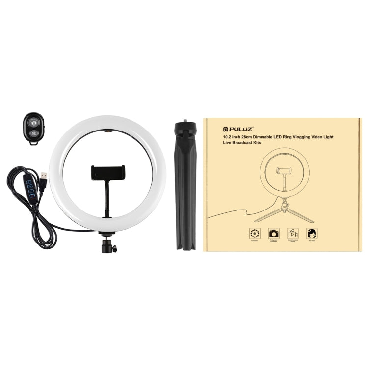 PULUZ 10.2 นิ้วแสง 26 ซม. + สก์ท็อปเมาขาตั้งกล้อง USB 3 โหมดหรี่แสงได้อุณหภูมิสีคู่ LED โค้งกระจายแสงแหวนวิดีโอบล็อกเซลฟีการถ่ายภาพไฟวิดีโอพร้อมแคลมป์โทรศัพท์, 10.2 inch Curved+Tripod