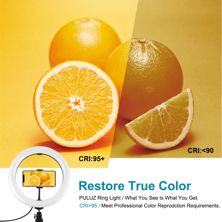 PULUZ 10.2 นิ้วแสง 26 ซม. + สก์ท็อปเมาขาตั้งกล้อง USB 3 โหมดหรี่แสงได้อุณหภูมิสีคู่ LED โค้งกระจายแสงแหวนวิดีโอบล็อกเซลฟีการถ่ายภาพไฟวิดีโอพร้อมแคลมป์โทรศัพท์, 10.2 inch Curved+Tripod