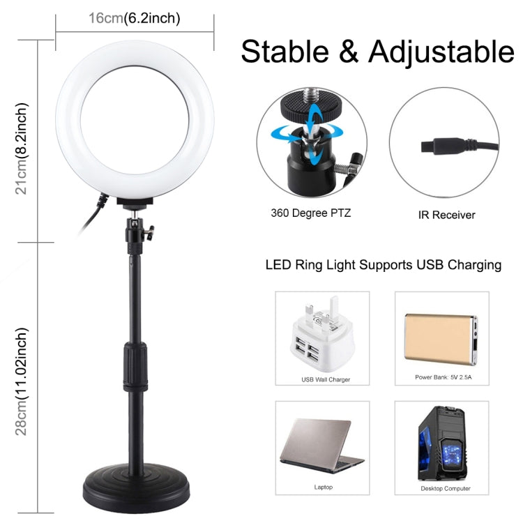 PULUZ 6.2 นิ้ว 16 ซม. RGBW แสง + ฐานกลมที่วางสก์ท็อป USB หรี่แสงได้ LED แหวนวิดีโอบล็อกการถ่ายภาพไฟวิดีโอด้วยรองเท้าเย็นขาตั้งกล้องหัวบอลและการควบคุมระยะไกล, Desktop Mount + 6.2 inch RGBW / Remote