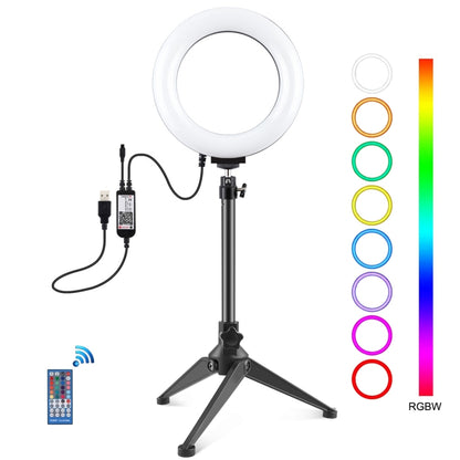 PULUZ 6.2 นิ้ว 16 ซม. RGBW แสง สก์ท็อปเมาขาตั้งกล้อง USB หรี่แสงได้ LED แหวนวิดีโอบล็อกการถ่ายภาพไฟวิดีโอที่มีรองเท้าเย็นขาตั้งกล้องหัวบอลและการควบคุมระยะไกล, Tripod Mount + 6.2 inch RGBW / Remote