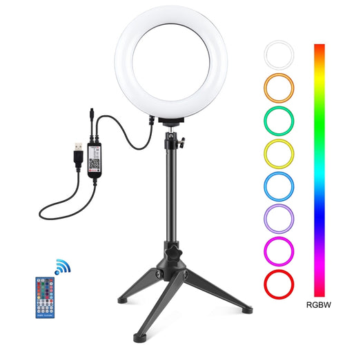 PULUZ 6.2 นิ้ว 16 ซม. RGBW แสง สก์ท็อปเมาขาตั้งกล้อง USB หรี่แสงได้ LED แหวนวิดีโอบล็อกการถ่ายภาพไฟวิดีโอที่มีรองเท้าเย็นขาตั้งกล้องหัวบอลและการควบคุมระยะไกล, Tripod Mount + 6.2 inch RGBW / Remote