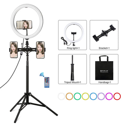 PULUZ 11.8 นิ้ว 30 ซม. RGBW Light + 1.65m Mount + วงเล็บโทรศัพท์คู่พื้นผิวโค้ง RGBW หรี่แสงได้ LED Ring Selfie Vlogging Light ชุดถ่ายทอดสดพร้อมอะแดปเตอร์ขาตั้งกล้องรองเท้าเย็นและที่หนีบโทรศัพท์และรีโมทคอนโทรล, 11.8 inch RGBW+1.65m Tripod+Dual Bracket