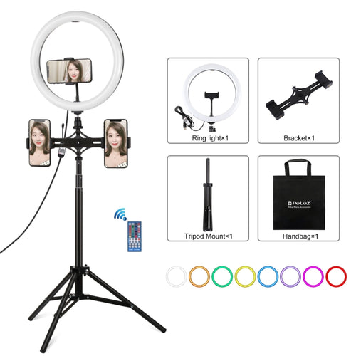 PULUZ 11.8 นิ้ว 30 ซม. RGBW Light + 1.65m Mount + วงเล็บโทรศัพท์คู่พื้นผิวโค้ง RGBW หรี่แสงได้ LED Ring Selfie Vlogging Light ชุดถ่ายทอดสดพร้อมอะแดปเตอร์ขาตั้งกล้องรองเท้าเย็นและที่หนีบโทรศัพท์และรีโมทคอนโทรล, 11.8 inch RGBW+1.65m Tripod+Dual Bracket