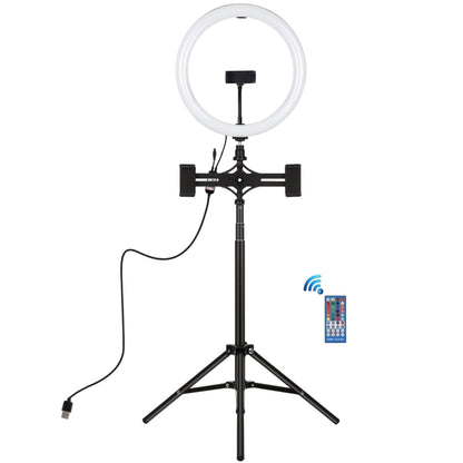 PULUZ 11.8 นิ้ว 30 ซม. RGBW Light + 1.65m Mount + วงเล็บโทรศัพท์คู่พื้นผิวโค้ง RGBW หรี่แสงได้ LED Ring Selfie Vlogging Light ชุดถ่ายทอดสดพร้อมอะแดปเตอร์ขาตั้งกล้องรองเท้าเย็นและที่หนีบโทรศัพท์และรีโมทคอนโทรล, 11.8 inch RGBW+1.65m Tripod+Dual Bracket