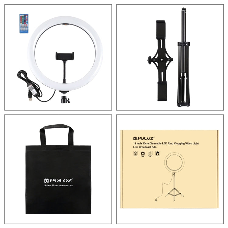 PULUZ 11.8 นิ้ว 30 ซม. RGBW Light + 1.65m Mount + วงเล็บโทรศัพท์คู่พื้นผิวโค้ง RGBW หรี่แสงได้ LED Ring Selfie Vlogging Light ชุดถ่ายทอดสดพร้อมอะแดปเตอร์ขาตั้งกล้องรองเท้าเย็นและที่หนีบโทรศัพท์และรีโมทคอนโทรล, 11.8 inch RGBW+1.65m Tripod+Dual Bracket