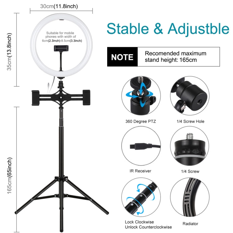 PULUZ 11.8 นิ้ว 30 ซม. RGBW Light + 1.65m Mount + วงเล็บโทรศัพท์คู่พื้นผิวโค้ง RGBW หรี่แสงได้ LED Ring Selfie Vlogging Light ชุดถ่ายทอดสดพร้อมอะแดปเตอร์ขาตั้งกล้องรองเท้าเย็นและที่หนีบโทรศัพท์และรีโมทคอนโทรล, 11.8 inch RGBW+1.65m Tripod+Dual Bracket