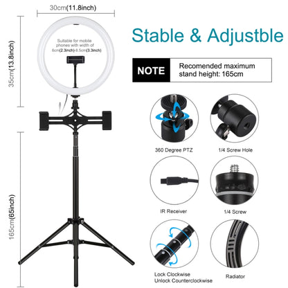 PULUZ 11.8 นิ้ว 30 ซม. RGBW Light + 1.65m Mount + วงเล็บโทรศัพท์คู่พื้นผิวโค้ง RGBW หรี่แสงได้ LED Ring Selfie Vlogging Light ชุดถ่ายทอดสดพร้อมอะแดปเตอร์ขาตั้งกล้องรองเท้าเย็นและที่หนีบโทรศัพท์และรีโมทคอนโทรล, 11.8 inch RGBW+1.65m Tripod+Dual Bracket