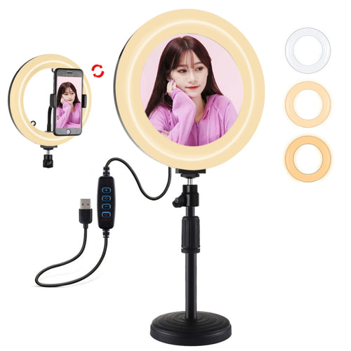 PULUZ 7.9 นิ้ว 20 ซม. กระจกเงา + ฐานกลมสก์ท็อปเมา 3 โหมดหรี่แสงได้อุณหภูมิสีคู่ LED โค้งแสงแหวนวิดีโอบล็อกเซลฟีการถ่ายภาพไฟวิดีโอพร้อมแคลมป์โทรศัพท์, 7.9 inch+Desktop Mount+Mirror
