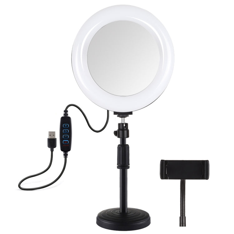 PULUZ 7.9 นิ้ว 20 ซม. กระจกเงา + ฐานกลมสก์ท็อปเมา 3 โหมดหรี่แสงได้อุณหภูมิสีคู่ LED โค้งแสงแหวนวิดีโอบล็อกเซลฟีการถ่ายภาพไฟวิดีโอพร้อมแคลมป์โทรศัพท์, 7.9 inch+Desktop Mount+Mirror