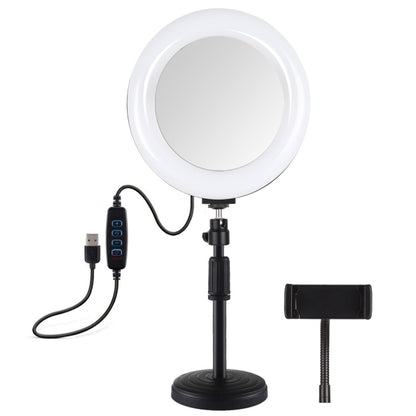 PULUZ 7.9 นิ้ว 20 ซม. กระจกเงา + ฐานกลมสก์ท็อปเมา 3 โหมดหรี่แสงได้อุณหภูมิสีคู่ LED โค้งแสงแหวนวิดีโอบล็อกเซลฟีการถ่ายภาพไฟวิดีโอพร้อมแคลมป์โทรศัพท์, 7.9 inch+Desktop Mount+Mirror