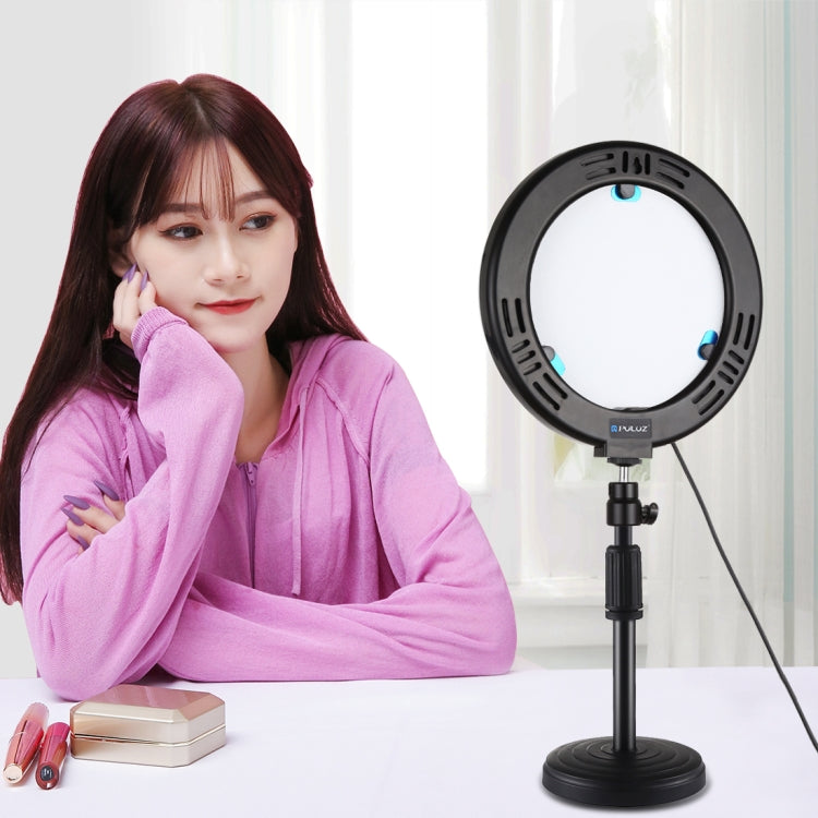 PULUZ 7.9 นิ้ว 20 ซม. กระจกเงา + ฐานกลมสก์ท็อปเมา 3 โหมดหรี่แสงได้อุณหภูมิสีคู่ LED โค้งแสงแหวนวิดีโอบล็อกเซลฟีการถ่ายภาพไฟวิดีโอพร้อมแคลมป์โทรศัพท์, 7.9 inch+Desktop Mount+Mirror