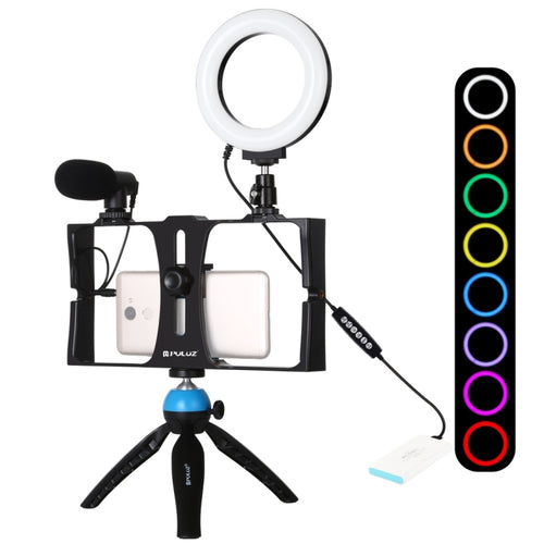 PULUZ 4 in 1 Vlogging ถ่ายทอดสดสมาร์ทโฟนวิดีโอ Rig + 4.7 นิ้ว 12 ซม. RGBW แหวน LED เซลฟี่แสง + ไมโครโฟน + กระเป๋าชุดติดตั้งขาตั้งกล้องพร้อมหัวขาตั้งกล้องรองเท้าเย็น, 4-in-1, 4-in-1 RGBW Ring LED