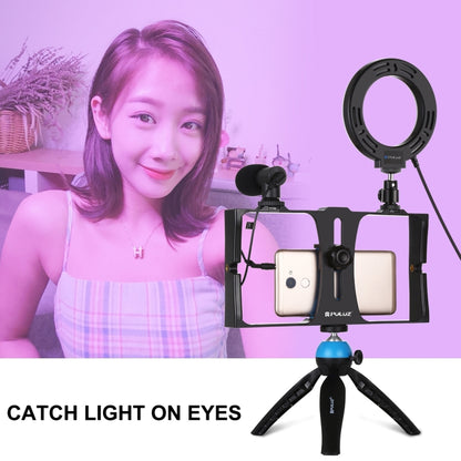 PULUZ 4 in 1 Vlogging ถ่ายทอดสดสมาร์ทโฟนวิดีโอ Rig + 4.7 นิ้ว 12 ซม. RGBW แหวน LED เซลฟี่แสง + ไมโครโฟน + กระเป๋าชุดติดตั้งขาตั้งกล้องพร้อมหัวขาตั้งกล้องรองเท้าเย็น, 4-in-1, 4-in-1 RGBW Ring LED