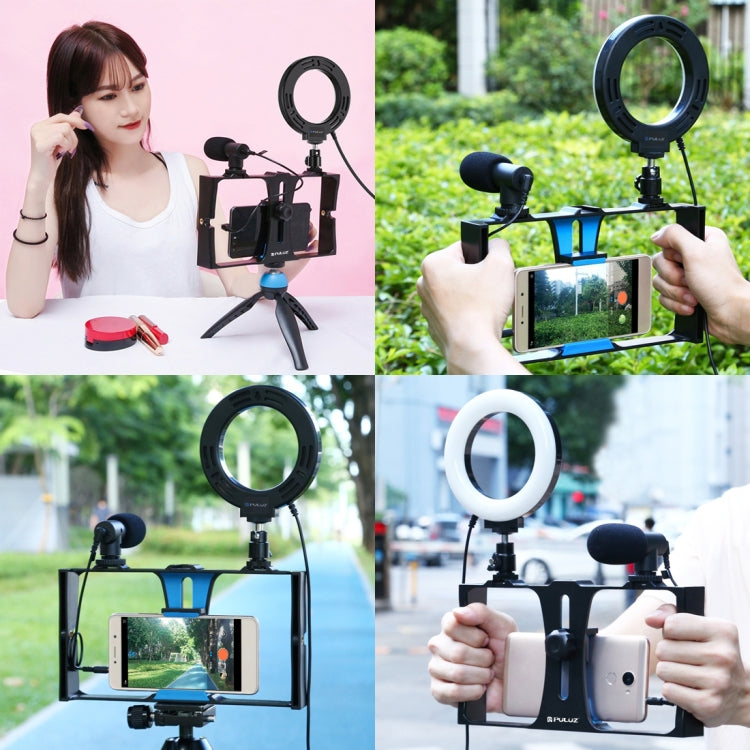 PULUZ 4 in 1 Vlogging ถ่ายทอดสดสมาร์ทโฟนวิดีโอ Rig + 4.7 นิ้ว 12 ซม. RGBW แหวน LED เซลฟี่แสง + ไมโครโฟน + กระเป๋าชุดติดตั้งขาตั้งกล้องพร้อมหัวขาตั้งกล้องรองเท้าเย็น, 4-in-1, 4-in-1 RGBW Ring LED