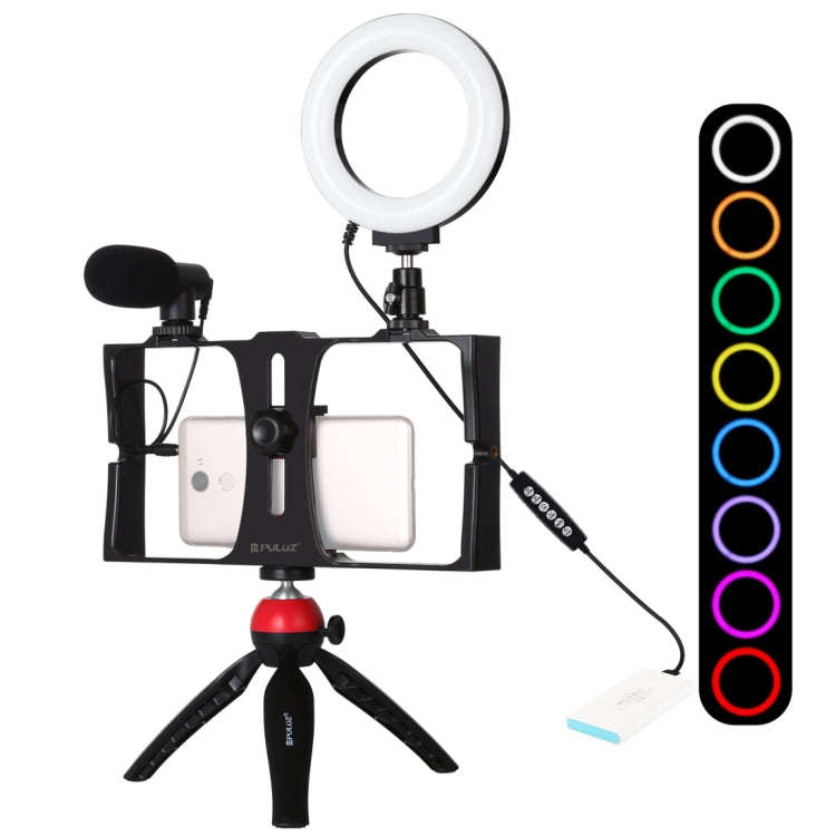 PULUZ 4 in 1 Vlogging ถ่ายทอดสดสมาร์ทโฟนวิดีโอ Rig + 4.7 นิ้ว 12 ซม. RGBW แหวน LED เซลฟี่แสง + ไมโครโฟน + กระเป๋าชุดติดตั้งขาตั้งกล้องพร้อมหัวขาตั้งกล้องรองเท้าเย็น, 4-in-1, 4-in-1 RGBW Ring LED