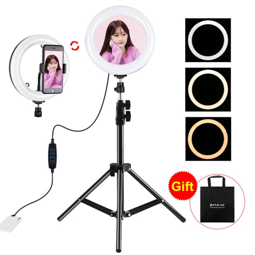PULUZ 7.9 นิ้ว 20 ซม. กระจกเงา + 1.1 ม. ขาตั้งกล้อง USB 3 โหมดหรี่แสงได้อุณหภูมิสีคู่ LED แหวนไฟโค้งวิดีโอบล็อกเซลฟีการถ่ายภาพไฟวิดีโอพร้อมกระจกและที่หนีบโทรศัพท์, 7.9 inch Mirror Light + 1.1m Mount